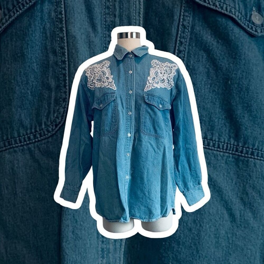 Vintage 90s Artistic Styles Western Lace Denim Shirt Button Down Large